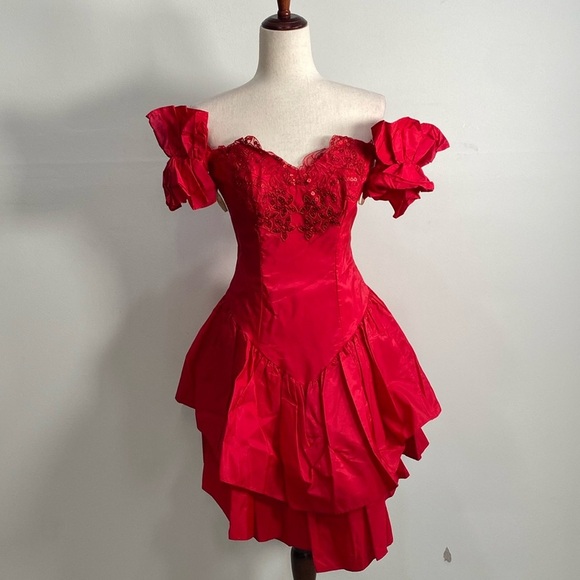 Vintage 90's Flirtations Mini Cocktail Dress Off Shoulder Prom Dead Stock 7/8 - Picture 1 of 14